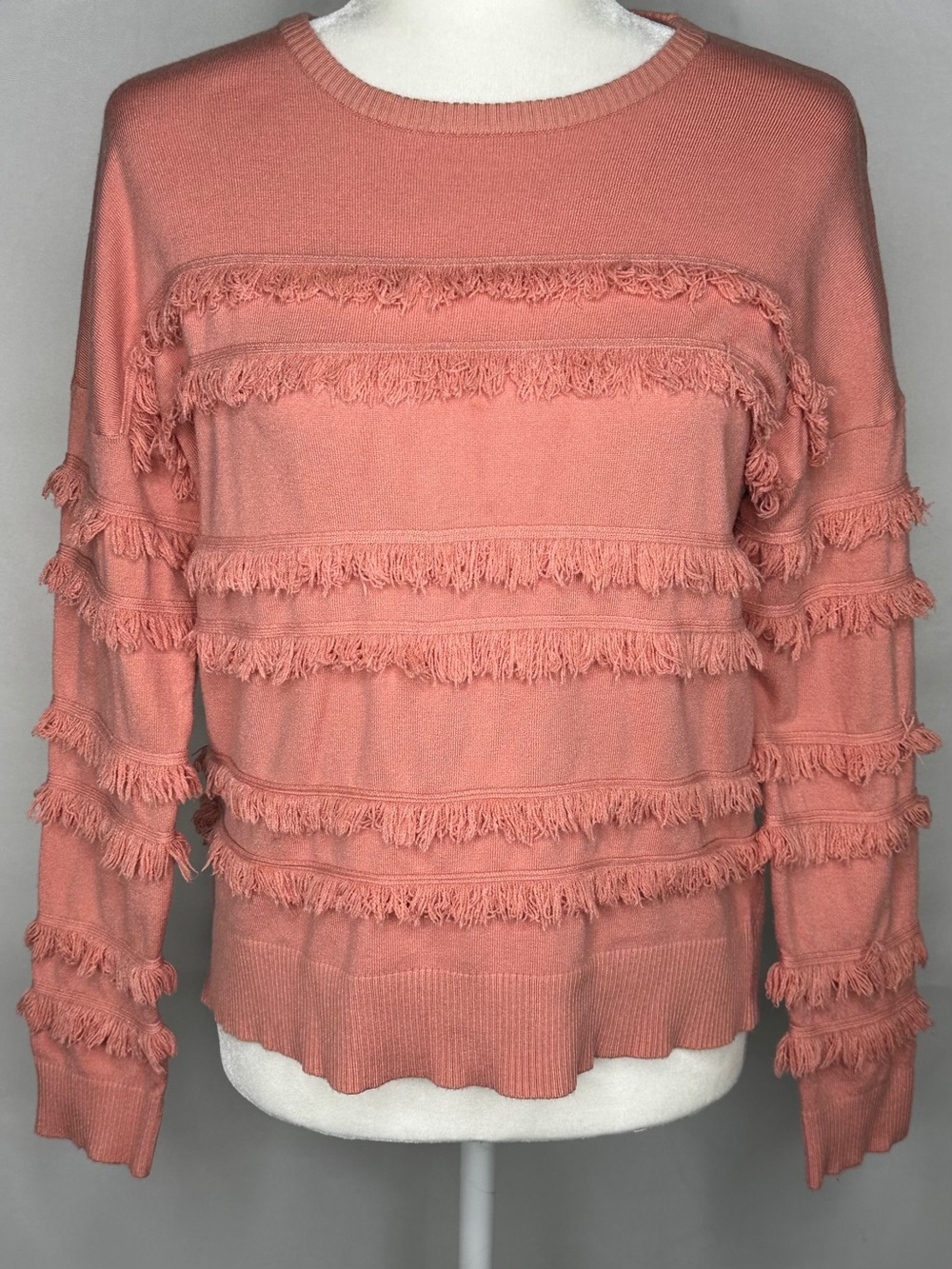 THML Mush Fringed Crewneck Sweater Coral Pink Bohemian Sz M